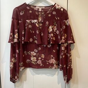 Forever 21 Burgundy Ruffled Floral Crop Blouse